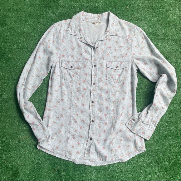 Kiss & Cry Light Blue Floral Linen Chambray Snap Button Shirt Size M - Picture 5 of 8